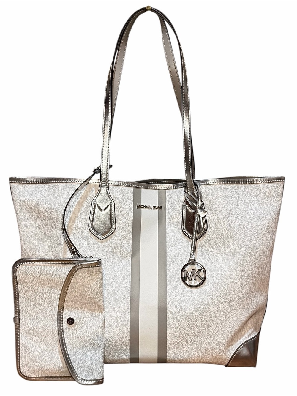 Michael Kors EVA large Silver and White Signature Stripe Tote with Wristlet 🤍🩶🤍